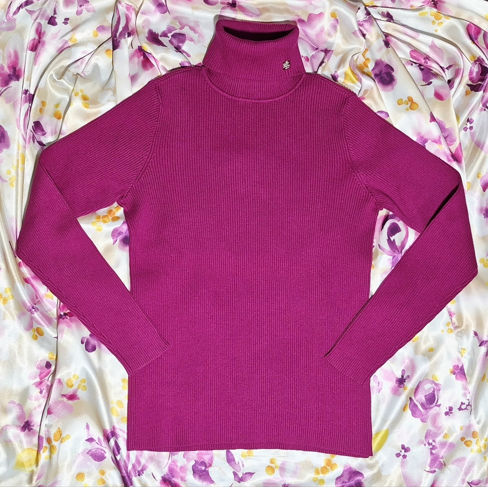 NWOT-Lauren Ralph Lauren Vibrant Magenta/Fuchsia 100% Cotton Ribbed Turtleneck